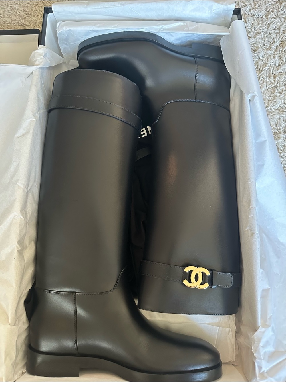 CHANEL 26B Black Tall Boots with Gold CC Hardware Size 42 - Picture 2 of 12